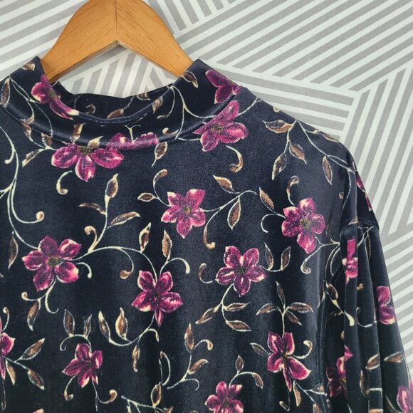 Vtg Velvet Mock Neck Top Plus 18/20 2X Floral Stretch Black Velour Long Sleeve - Picture 3 of 5